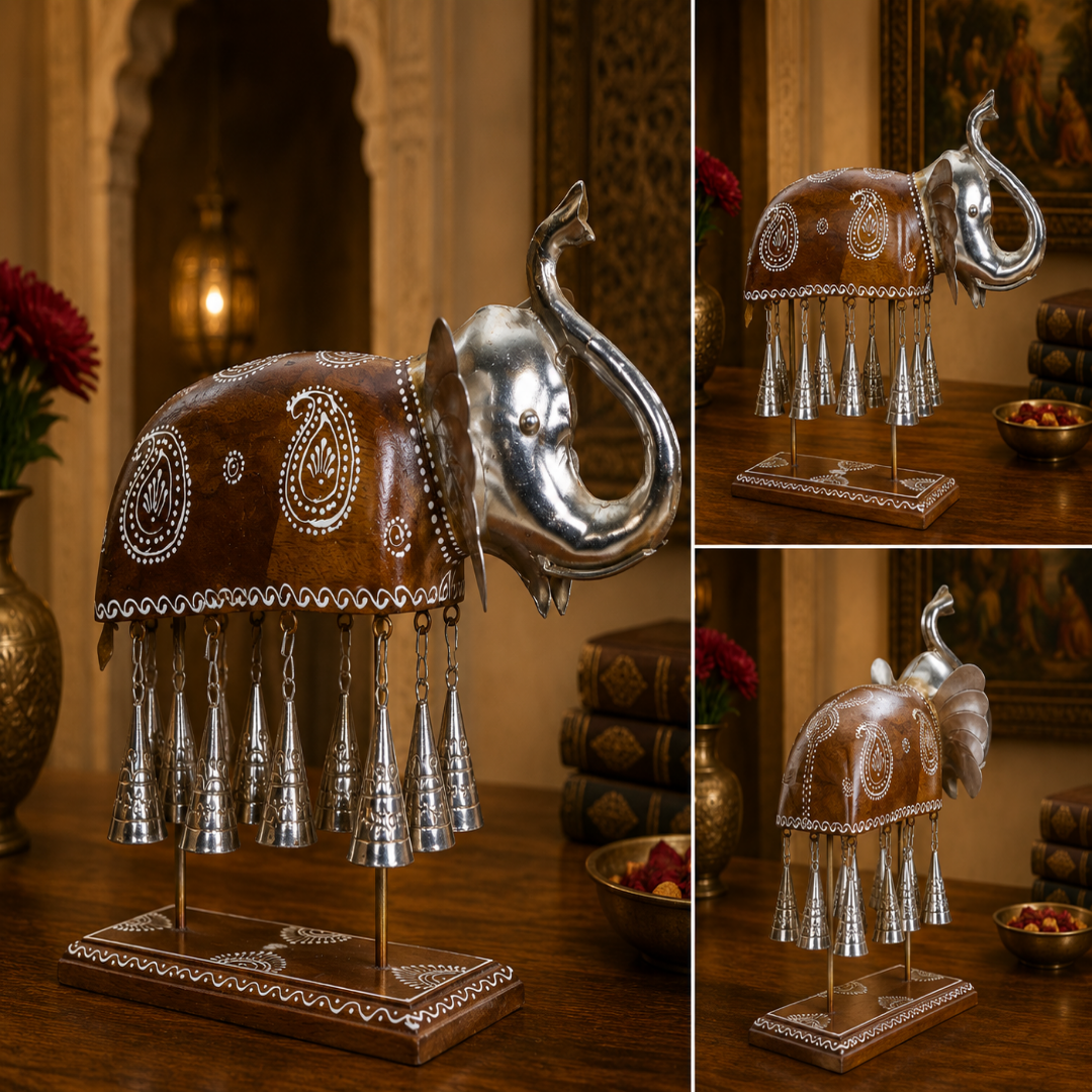 Decorative Handcrafted Elephant Sculpture with Hanging Bells – Brown Natural  Hand Painted Finish