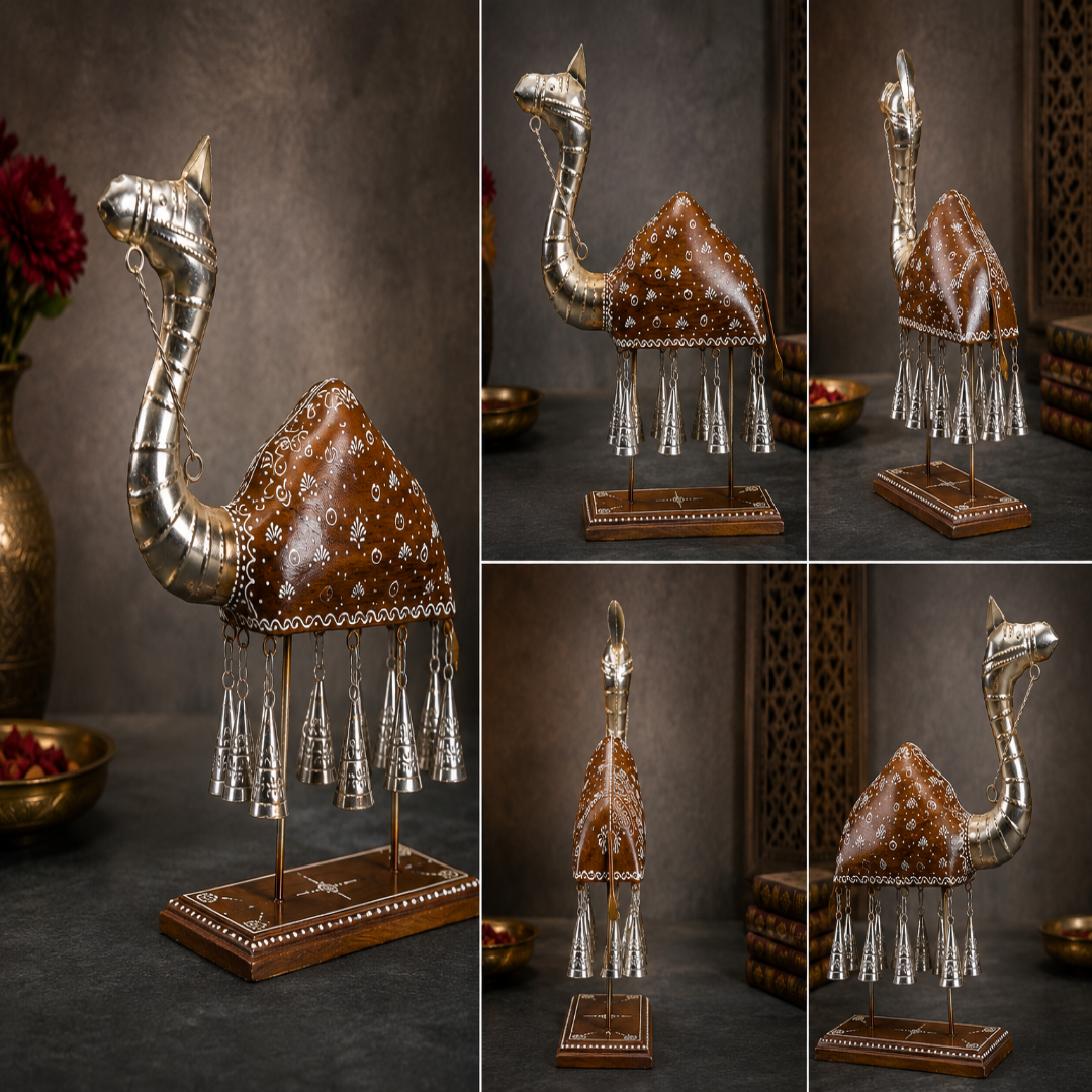 Decorative Handcrafted Camel Sculpture with Hanging Bells – Brown Natural  Hand Painted Finish