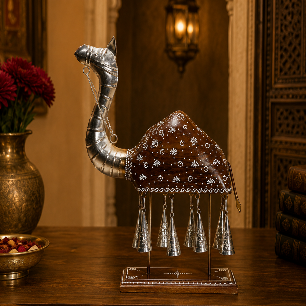 Decorative Handcrafted Camel Sculpture with Hanging Bells – Brown Natural  Hand Painted Finish