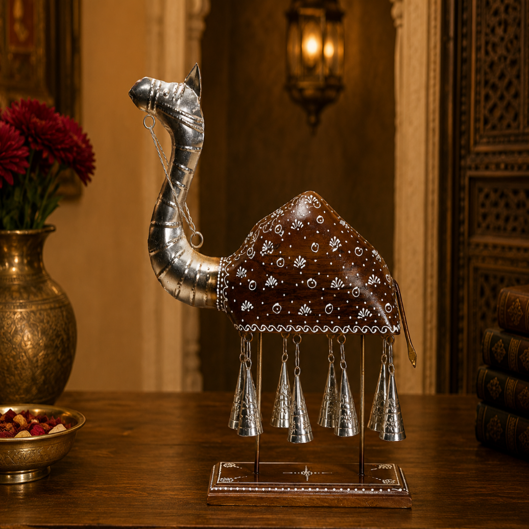 Decorative Handcrafted Camel Sculpture with Hanging Bells – Brown Natural  Hand Painted Finish