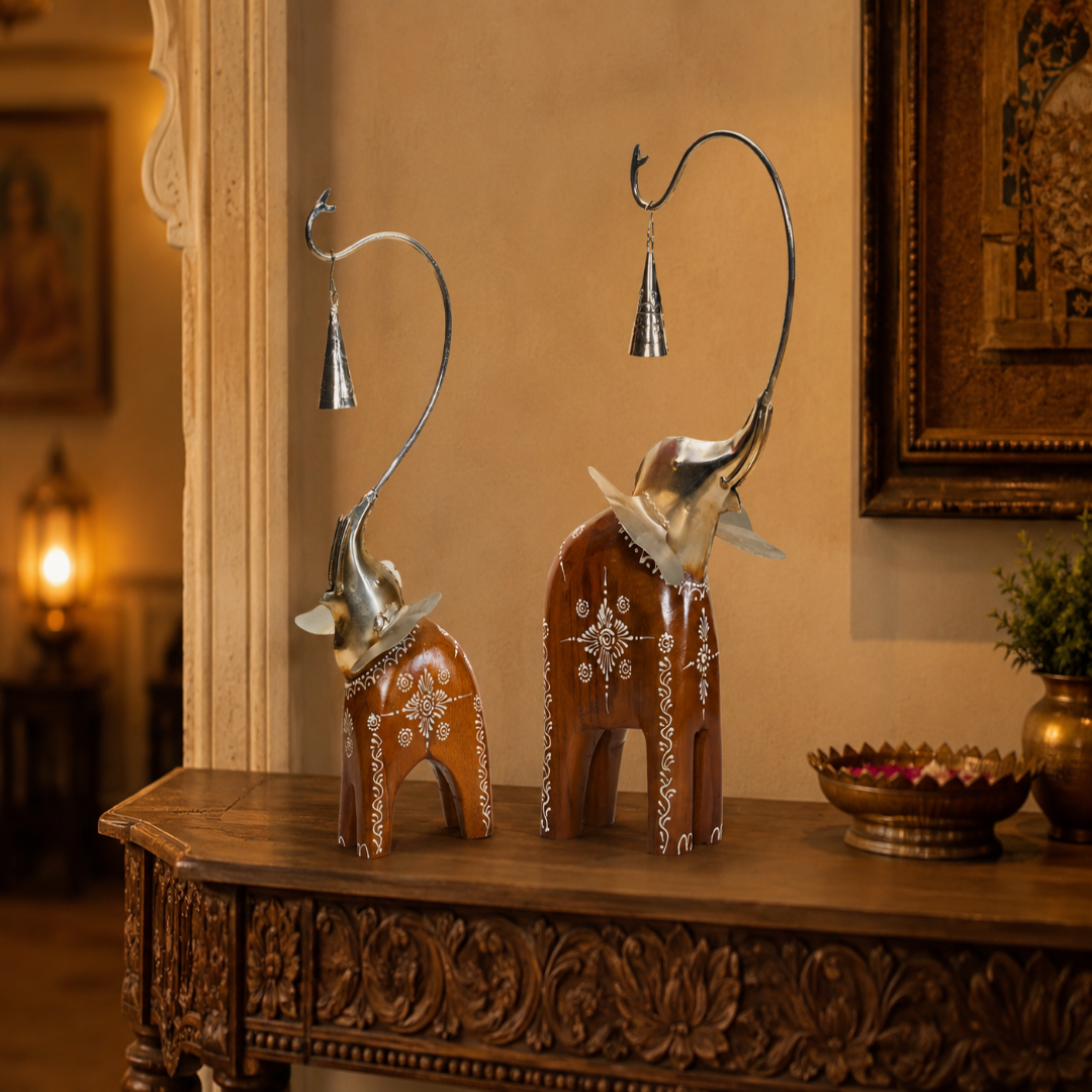 Decorative Handcrafted Elephant Figurine Set with Hanging Bell – Metal & Hand Painted Finish