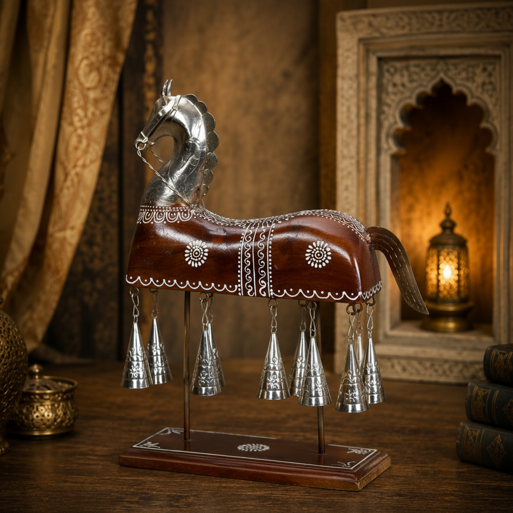Decorative Handcrafted Horse Figurine with Hanging Bells – Metal Finish & Hand Painted Traditional Art