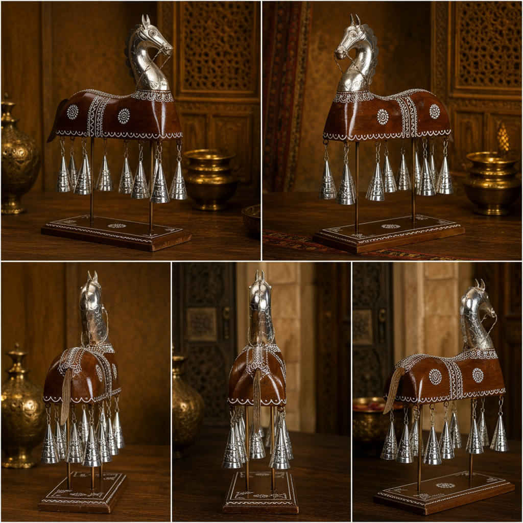 Decorative Handcrafted Horse Figurine with Hanging Bells – Metal Finish & Hand Painted Traditional Art