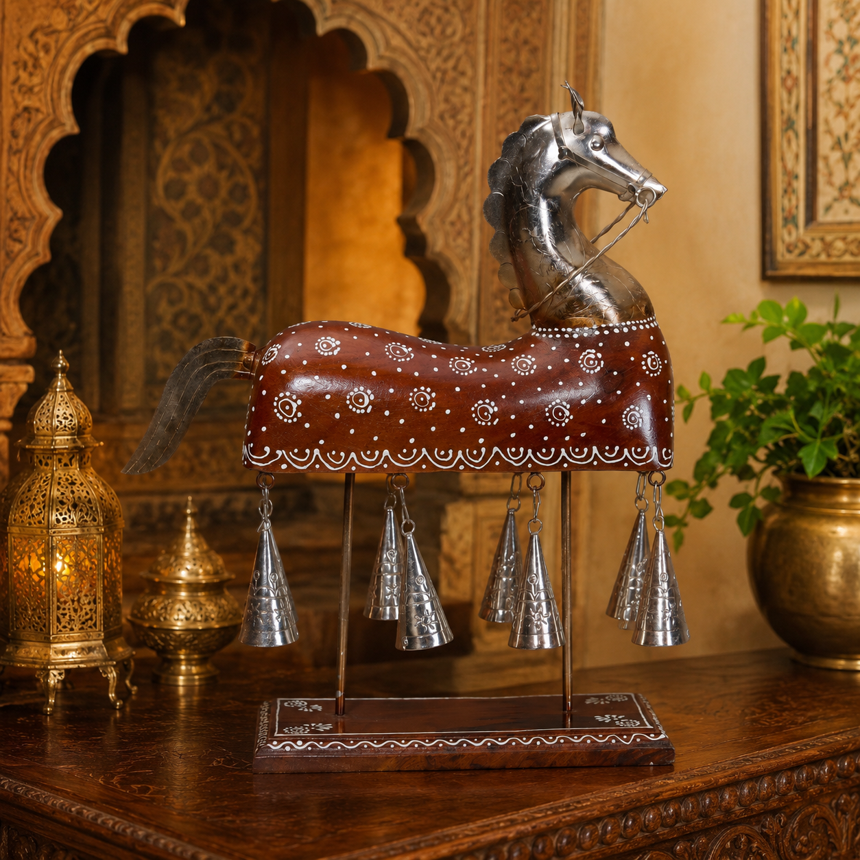 Decorative Handcrafted Horse Figurine with Hanging Bells – Metal Finish & Hand Painted Traditional Art