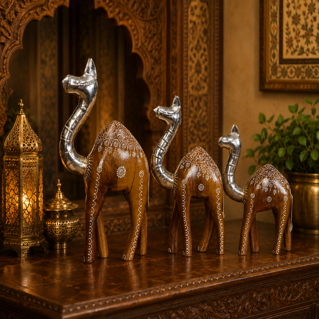 Decorative Handcrafted Camel Sculpture Set – Brown Natural  Hand Painted Finish