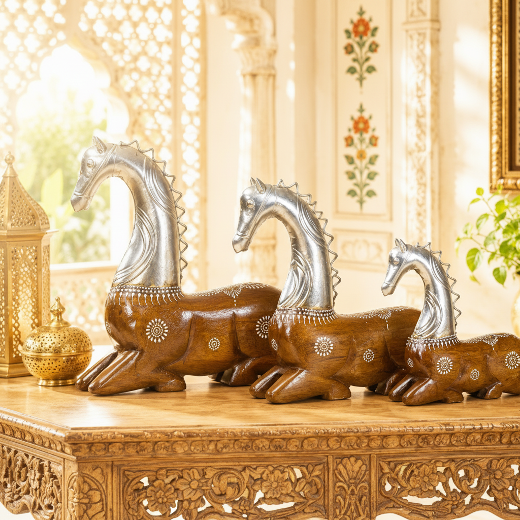 Decorative Handcrafted Horse Figurine Set – Metal Finish & Hand Painted Traditional Art