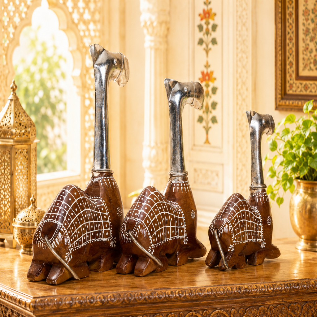 Decorative Handcrafted Camel Sculpture Set – Brown Natural  Hand Painted Finish