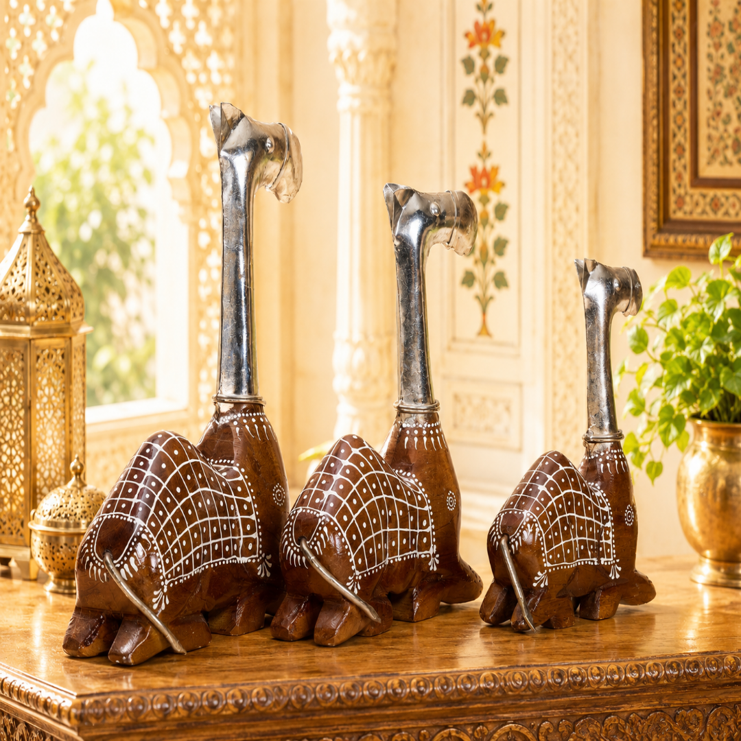 Decorative Handcrafted Camel Sculpture Set – Brown Natural  Hand Painted Finish