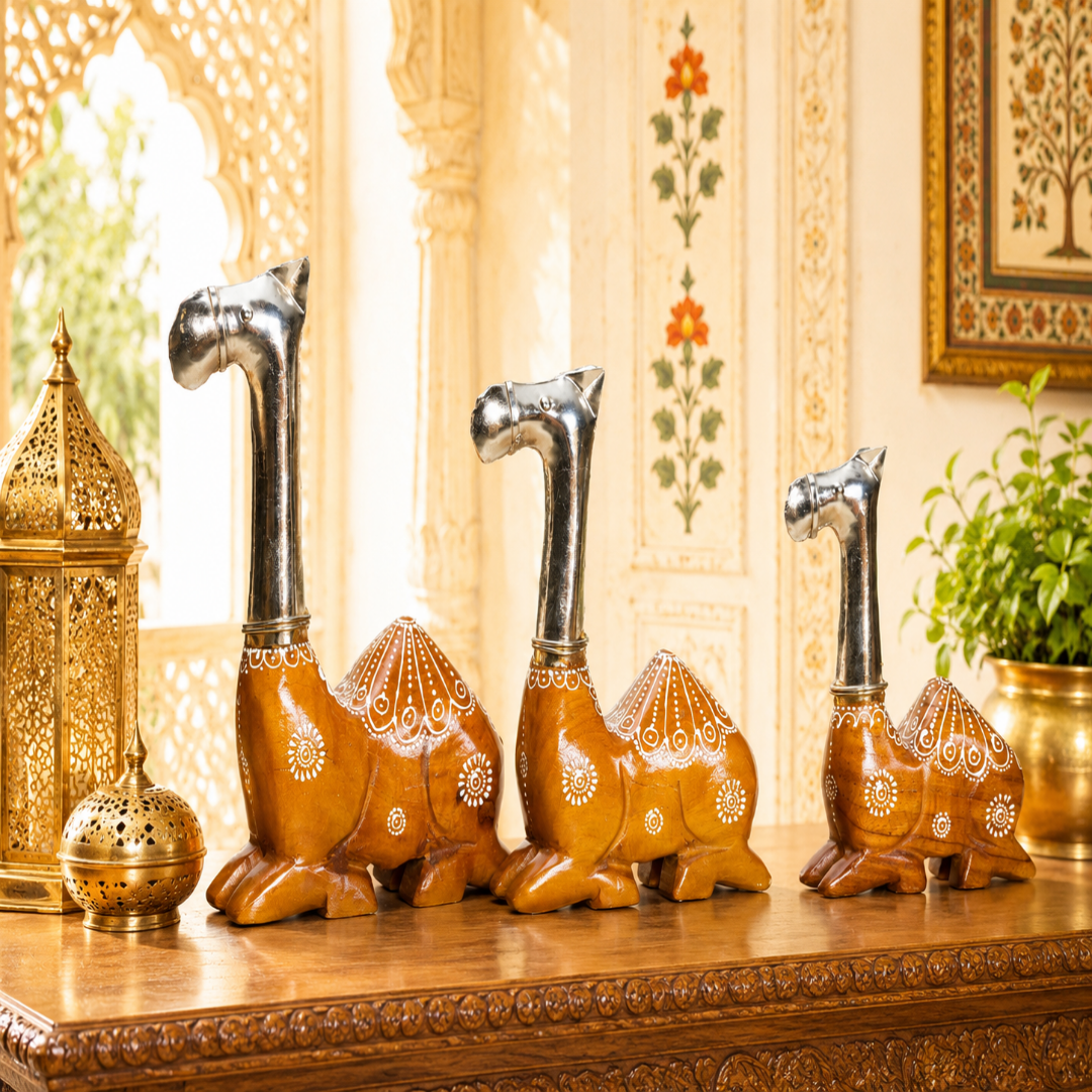 Decorative Handcrafted Camel Sculpture Set – Brown Natural  Hand Painted Finish
