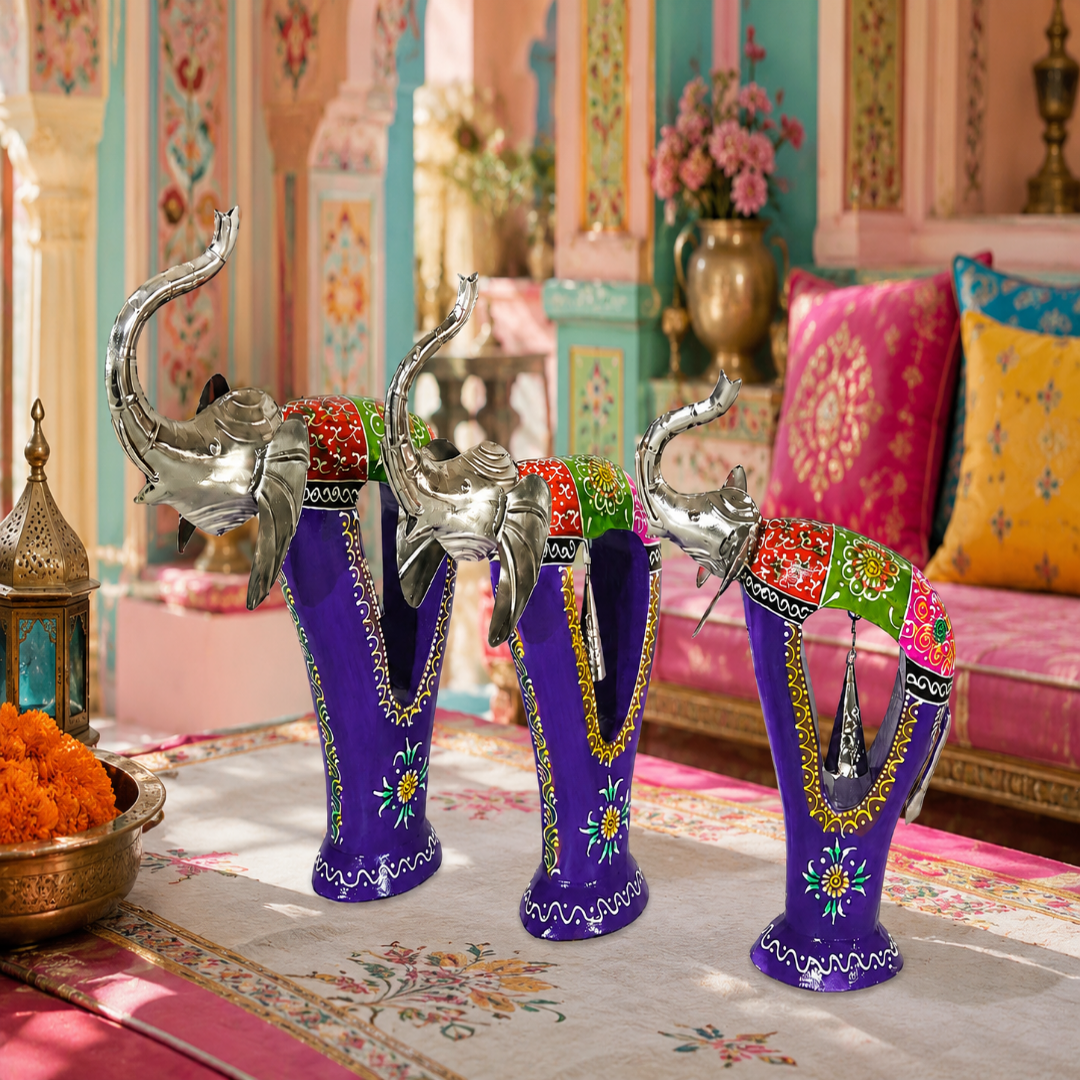 Decorative Handcrafted Elephant Figurine Set with Bell Accent – Metal & Hand Painted Finish