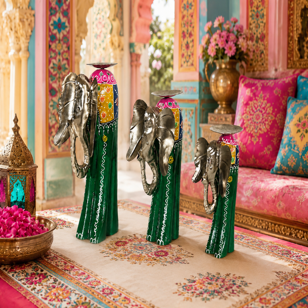 Decorative Handcrafted Elephant Candle Holder Set – Metal & Hand Painted Finish