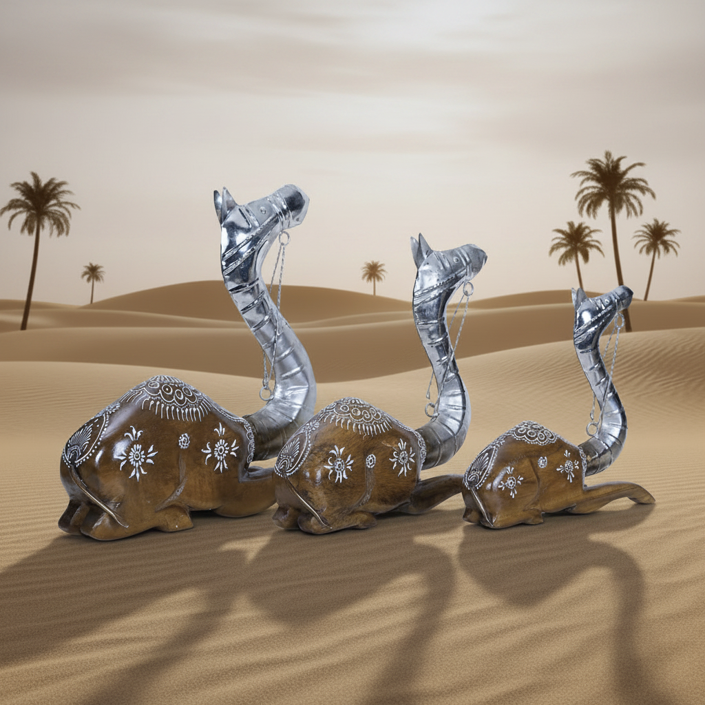 Decorative Handcrafted Camel Sculpture Set – Brown Natural  Hand Painted Finish
