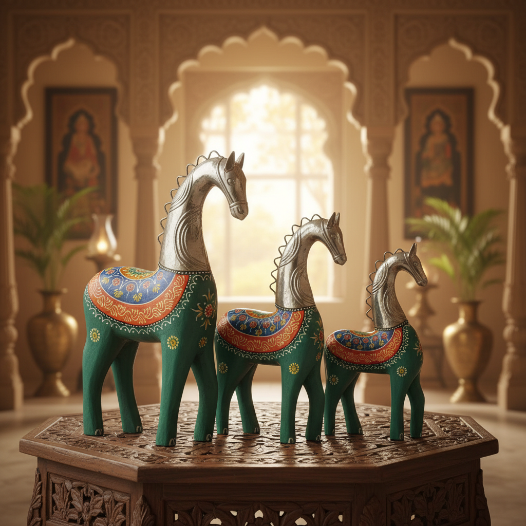 Decorative Handcrafted Horse Figurine Set – Metal Finish & Hand Painted Traditional Art