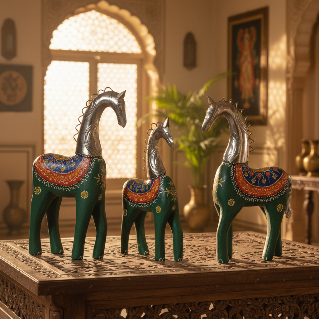Decorative Handcrafted Horse Figurine Set – Metal Finish & Hand Painted Traditional Art