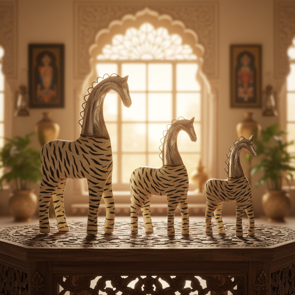 Decorative Handcrafted Zebra Horse Figurine Set – Metal Finish & Hand Painted Art