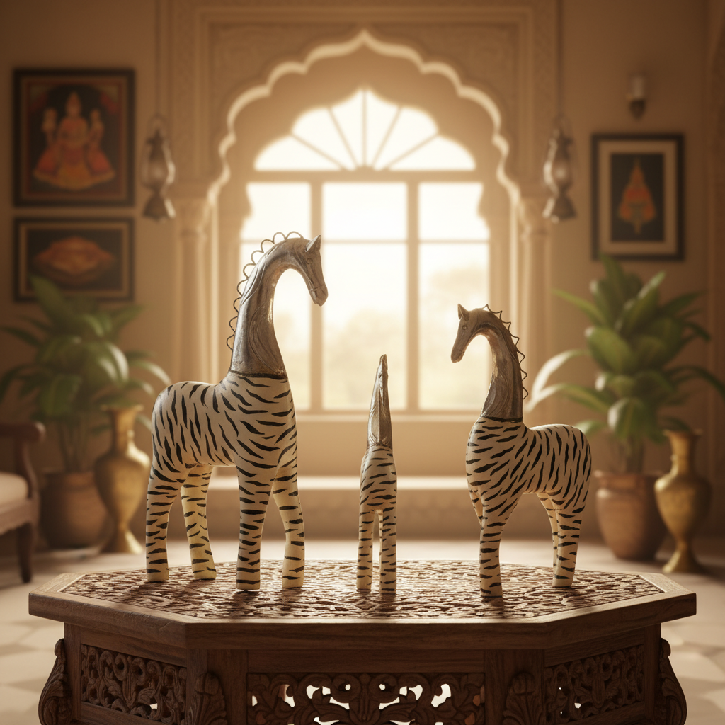 Decorative Handcrafted Zebra Horse Figurine Set – Metal Finish & Hand Painted Art
