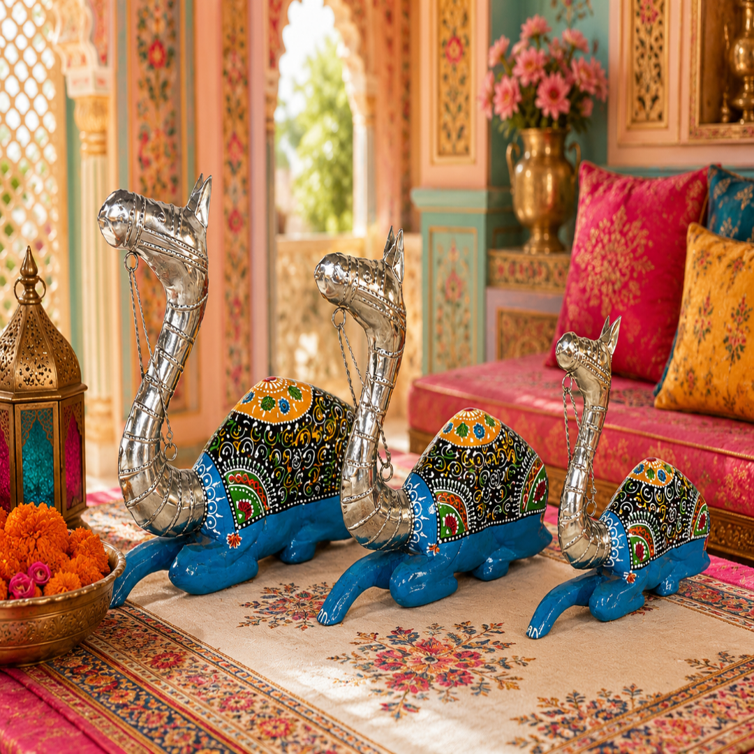 Decorative Handcrafted Camel Sculpture Set – Traditional Hand Painted Finish