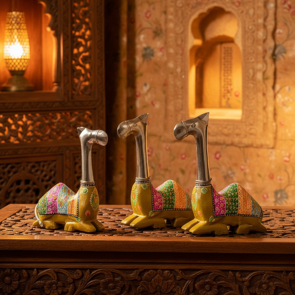 Decorative Handcrafted Camel Sculpture Set – Multicolor Hand Painted Finish