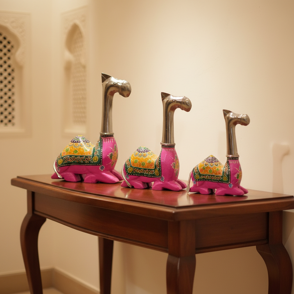Decorative Handcrafted Camel Sculpture Set – Multicolor Hand Painted Finish