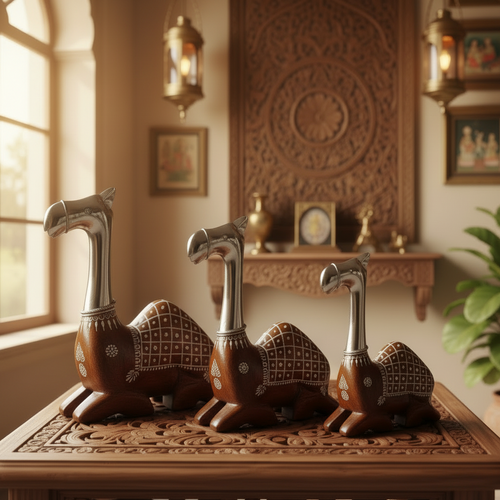 Decorative Handcrafted Camel Sculpture Set – Brown Natural  Hand Painted Finish