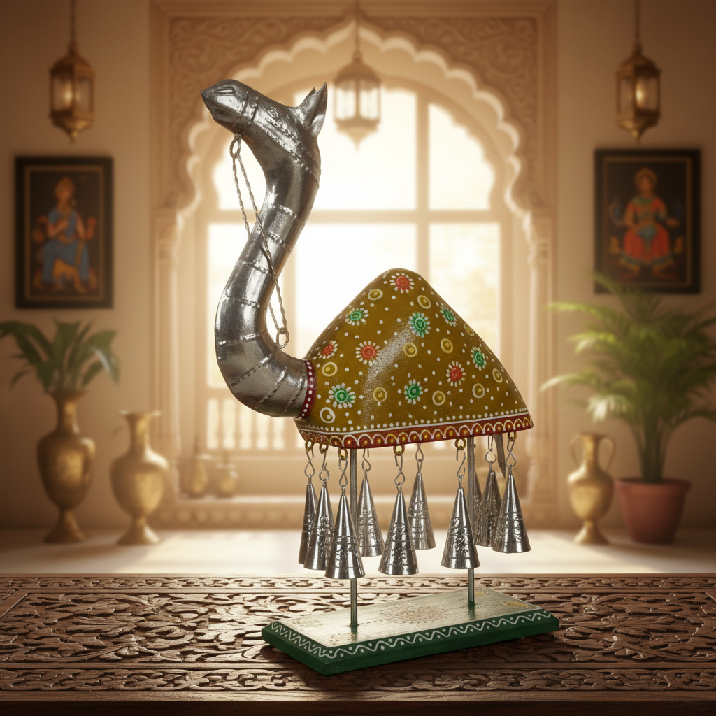 Decorative Handcrafted Camel Sculpture with Hanging Bells – Traditional Hand Painted Finish