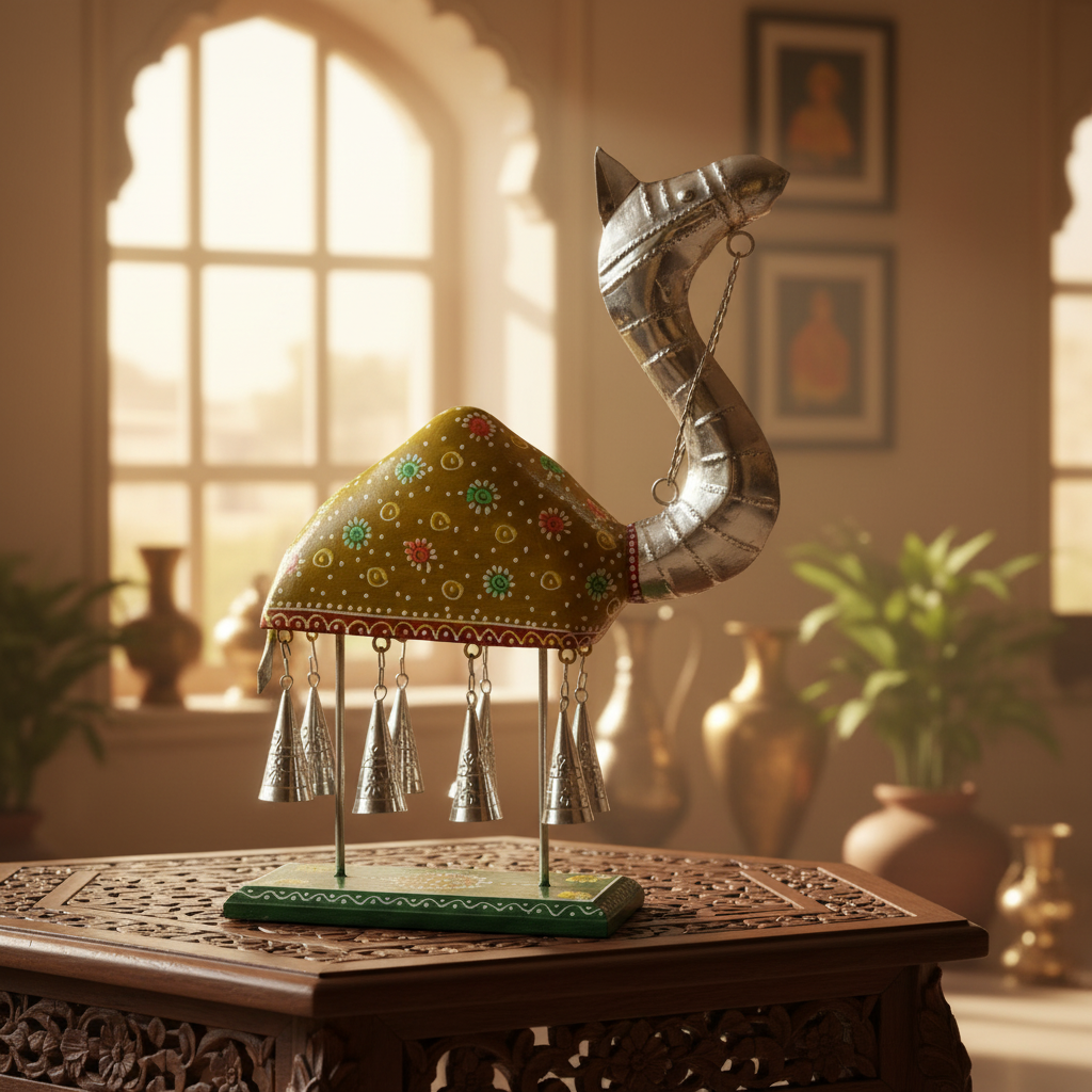 Decorative Handcrafted Camel Sculpture with Hanging Bells – Traditional Hand Painted Finish