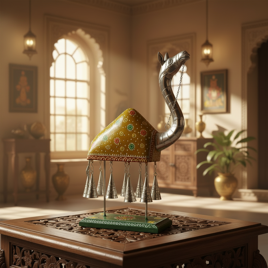 Decorative Handcrafted Camel Sculpture with Hanging Bells – Traditional Hand Painted Finish