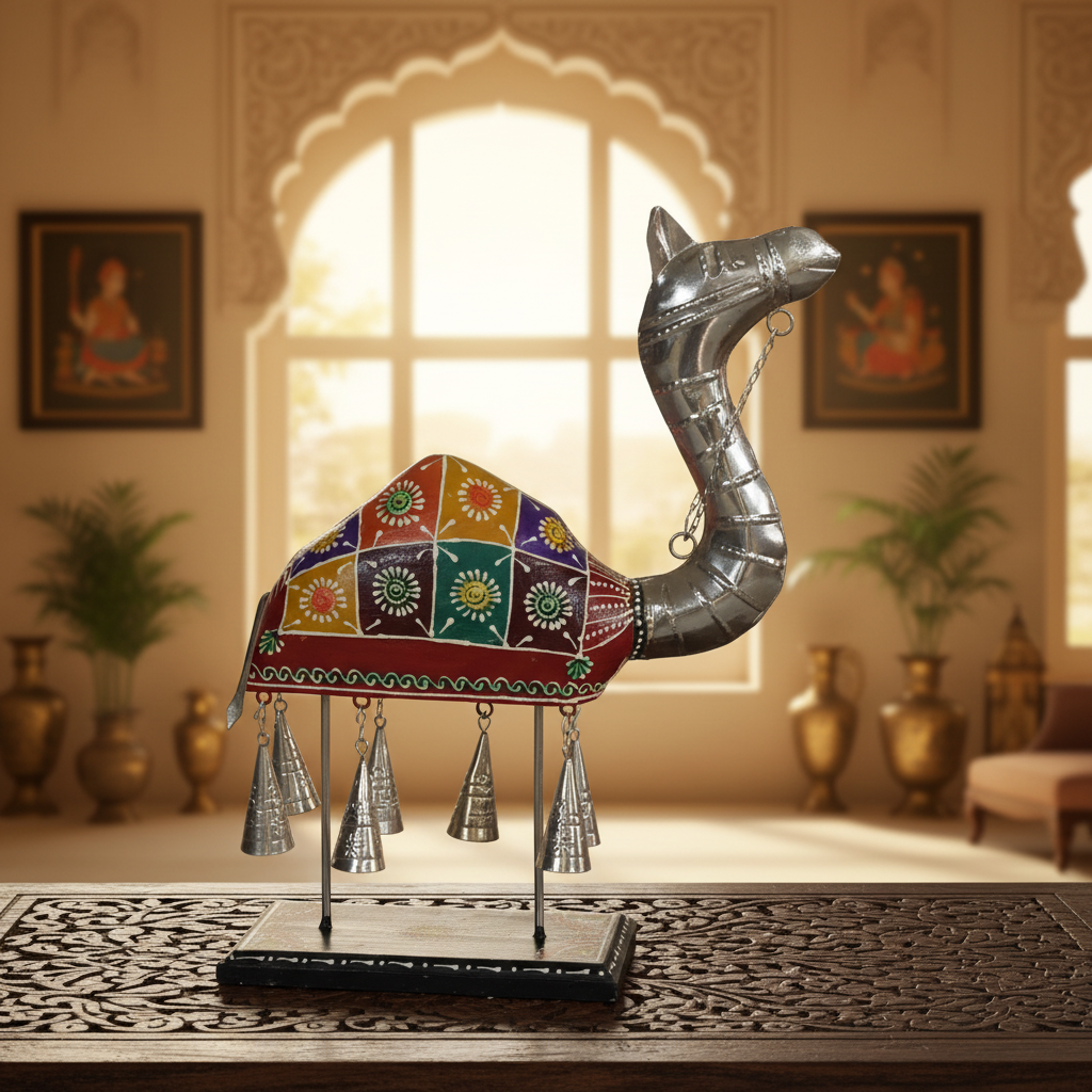 Decorative Handcrafted Camel Sculpture with Hanging Bells – Traditional Hand Painted Finish