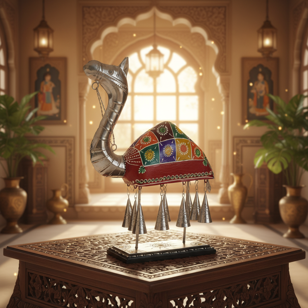 Decorative Handcrafted Camel Sculpture with Hanging Bells – Traditional Hand Painted Finish