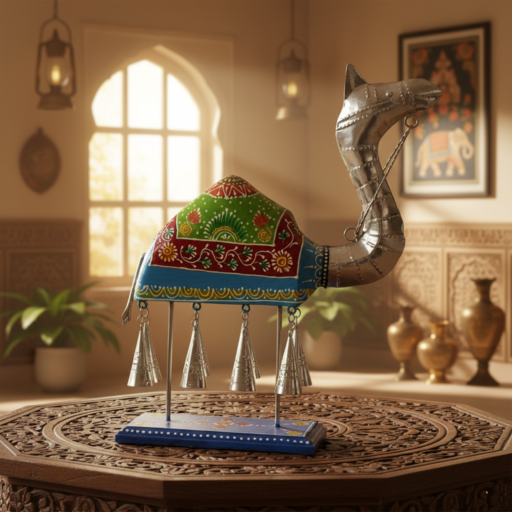 Decorative Handcrafted Camel Sculpture with Hanging Bells – Traditional Hand Painted Finish