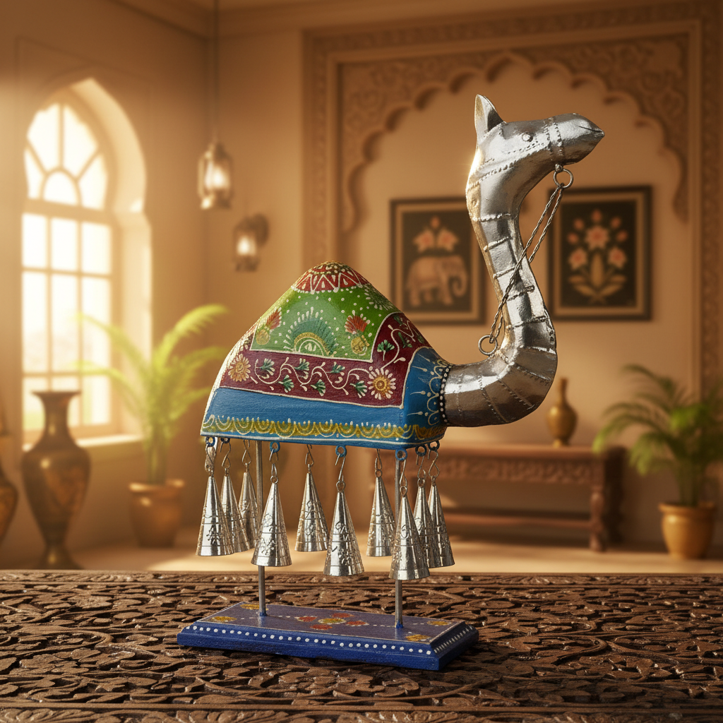 Decorative Handcrafted Camel Sculpture with Hanging Bells – Traditional Hand Painted Finish