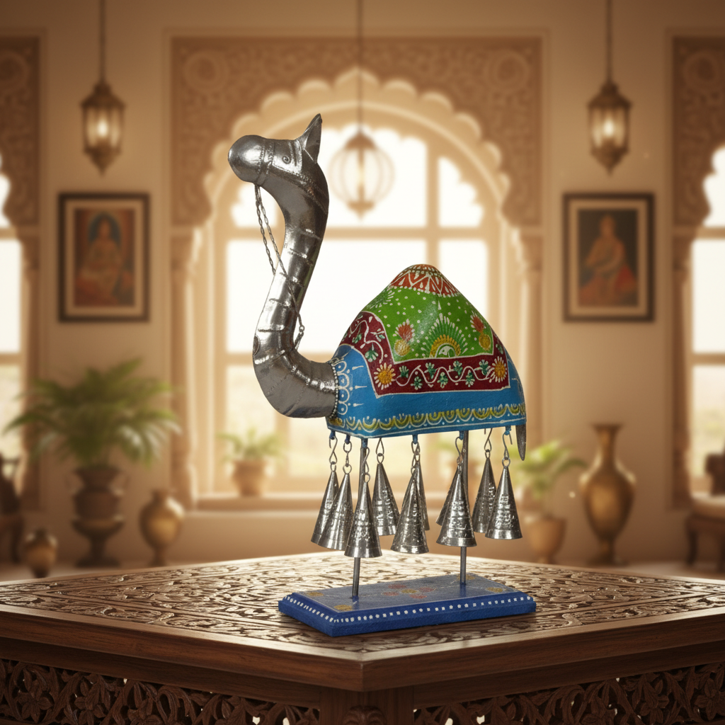 Decorative Handcrafted Camel Sculpture with Hanging Bells – Traditional Hand Painted Finish