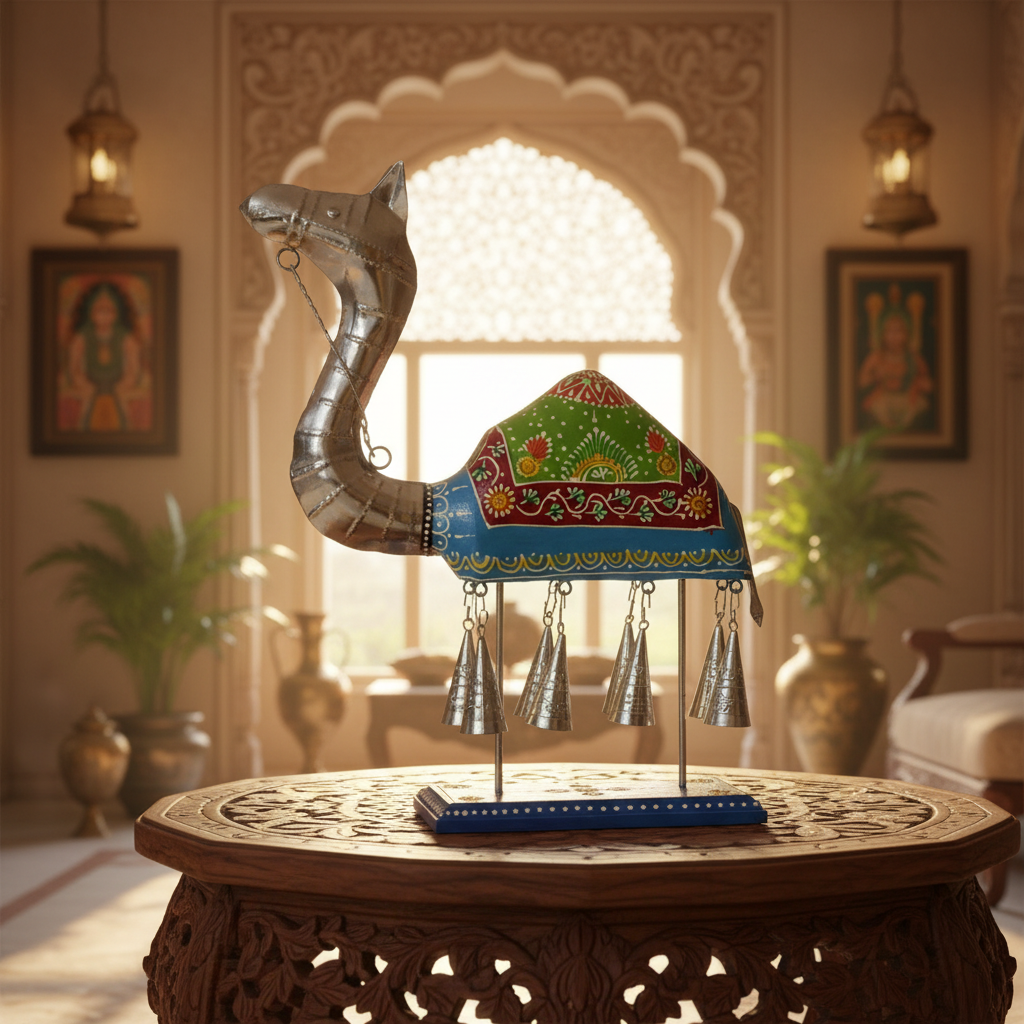Decorative Handcrafted Camel Sculpture with Hanging Bells – Traditional Hand Painted Finish