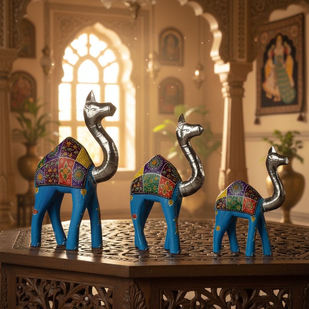 Decorative Handcrafted Camel Sculpture Set – Multicolor Hand Painted Finish