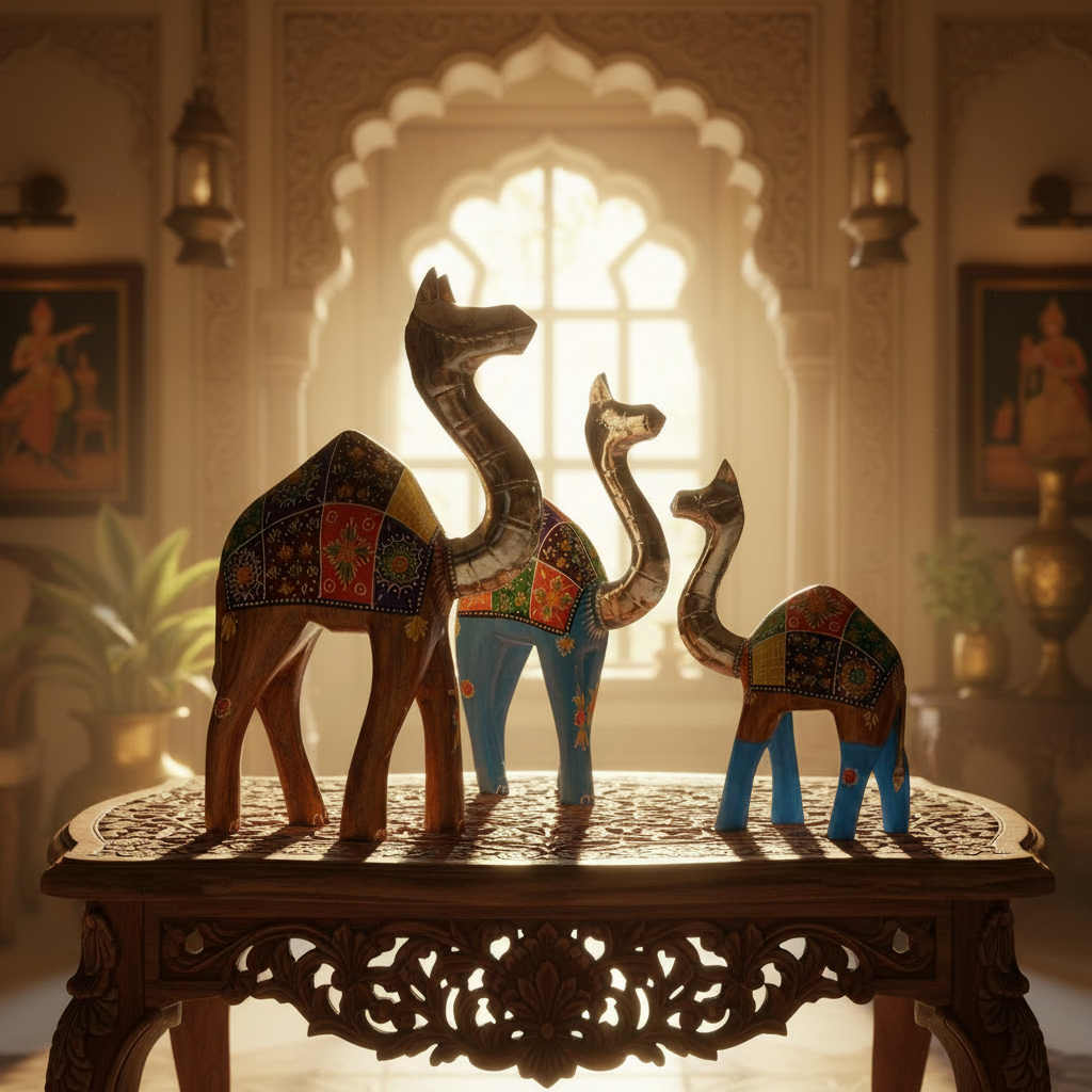 Decorative Handcrafted Camel Sculpture Set – Multicolor Hand Painted Finish