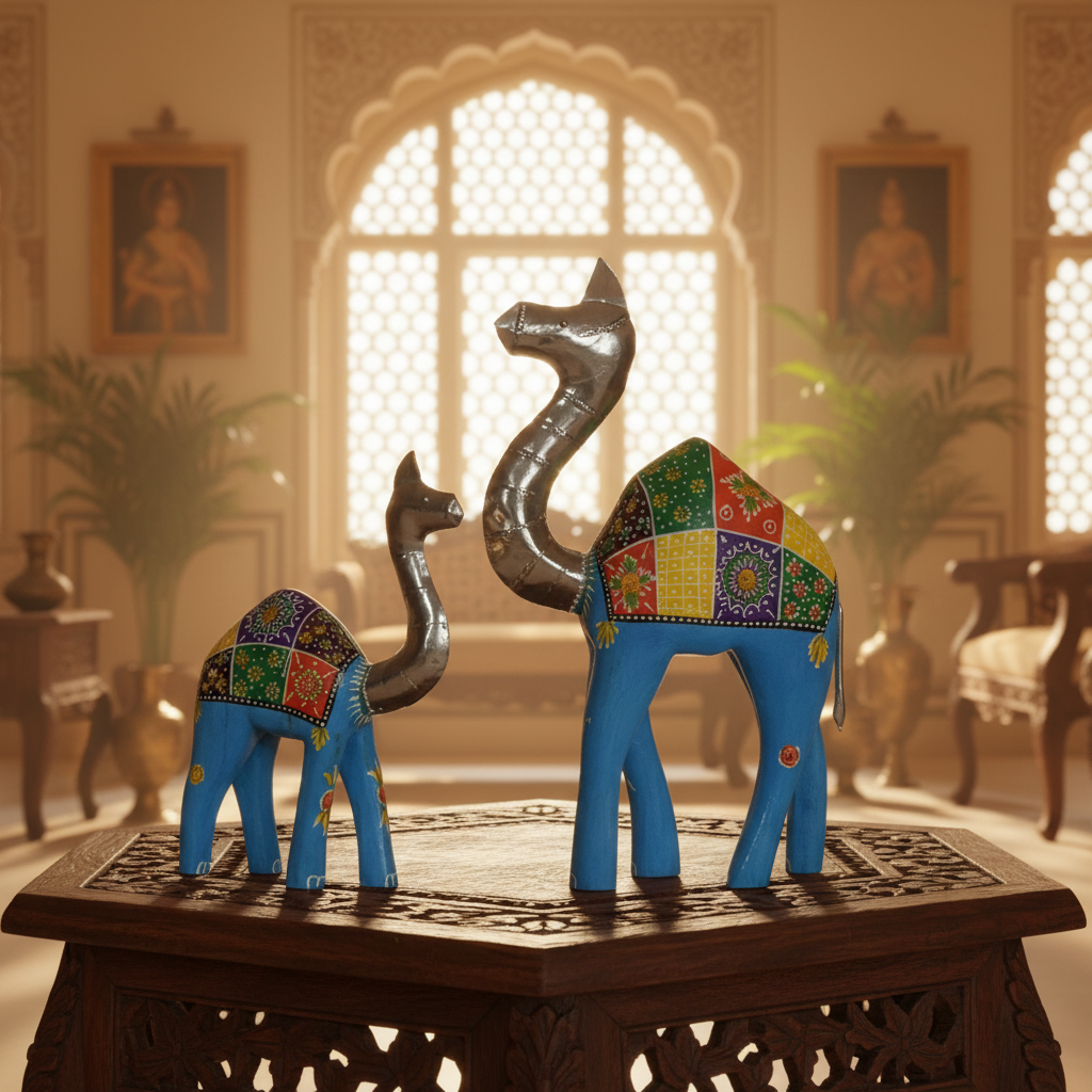Decorative Handcrafted Camel Sculpture Set – Multicolor Hand Painted Finish