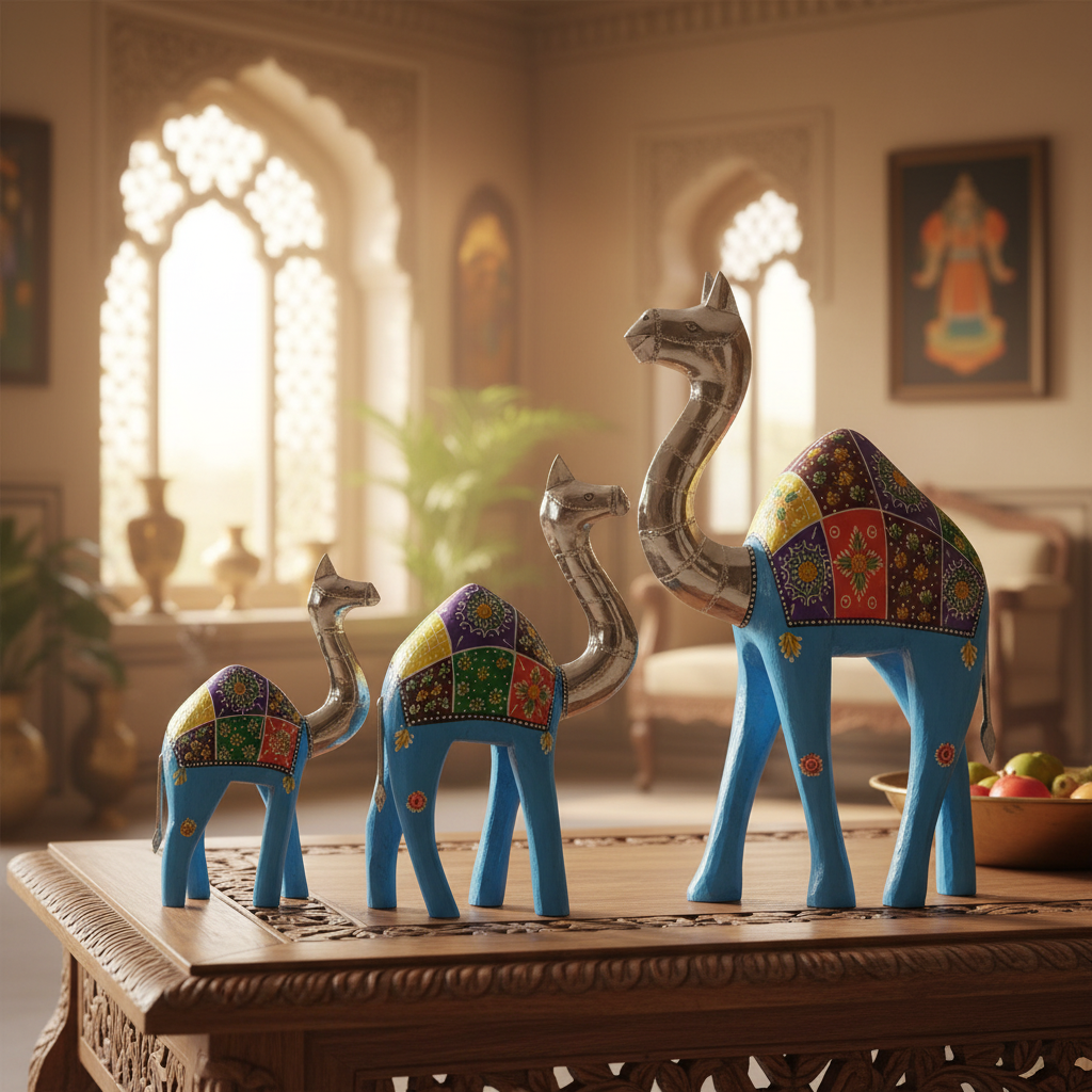 Decorative Handcrafted Camel Sculpture Set – Multicolor Hand Painted Finish