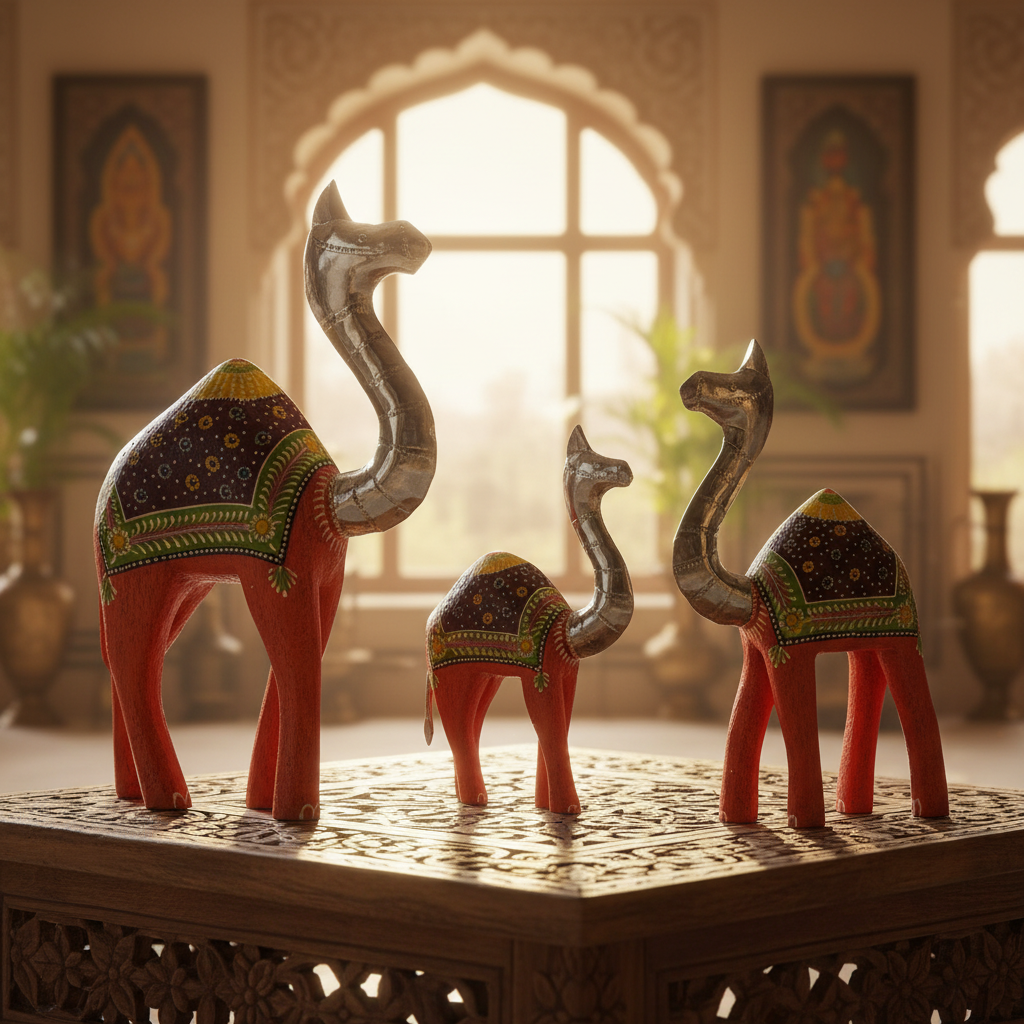 Decorative Handcrafted Camel Sculpture Set – Multicolor Hand Painted Finish