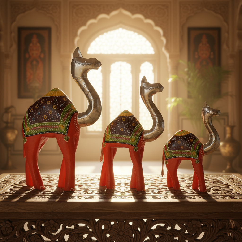 Decorative Handcrafted Camel Sculpture Set – Multicolor Hand Painted Finish