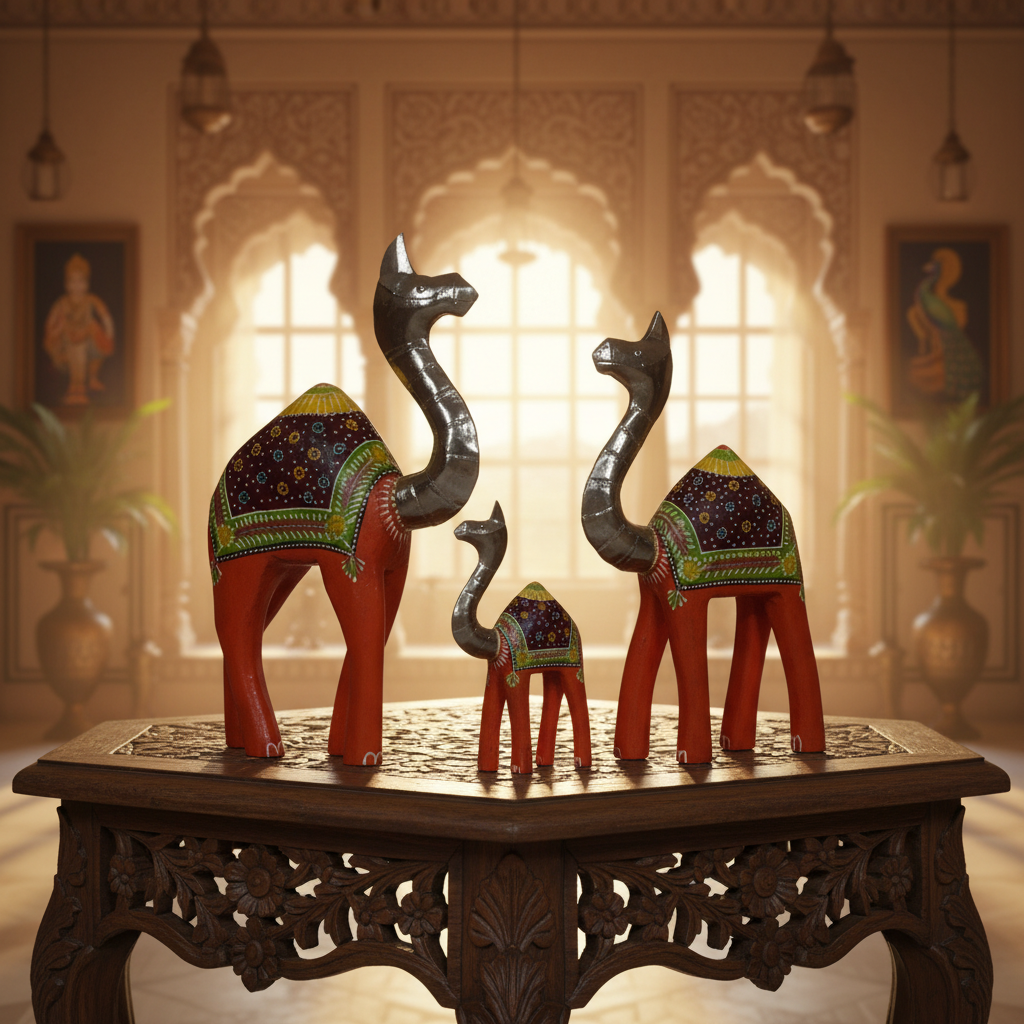 Decorative Handcrafted Camel Sculpture Set – Multicolor Hand Painted Finish