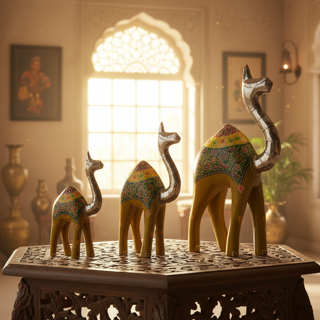 Decorative Handcrafted Camel Sculpture Set – Multicolor Hand Painted Finish