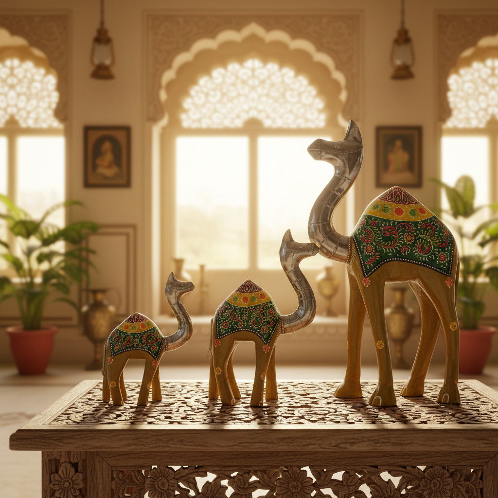 Decorative Handcrafted Camel Sculpture Set – Multicolor Hand Painted Finish