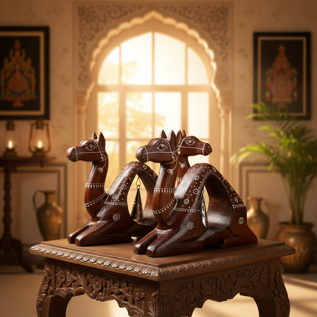 Decorative Handcrafted Camel Sculpture with Bell – Natural Wood Finish