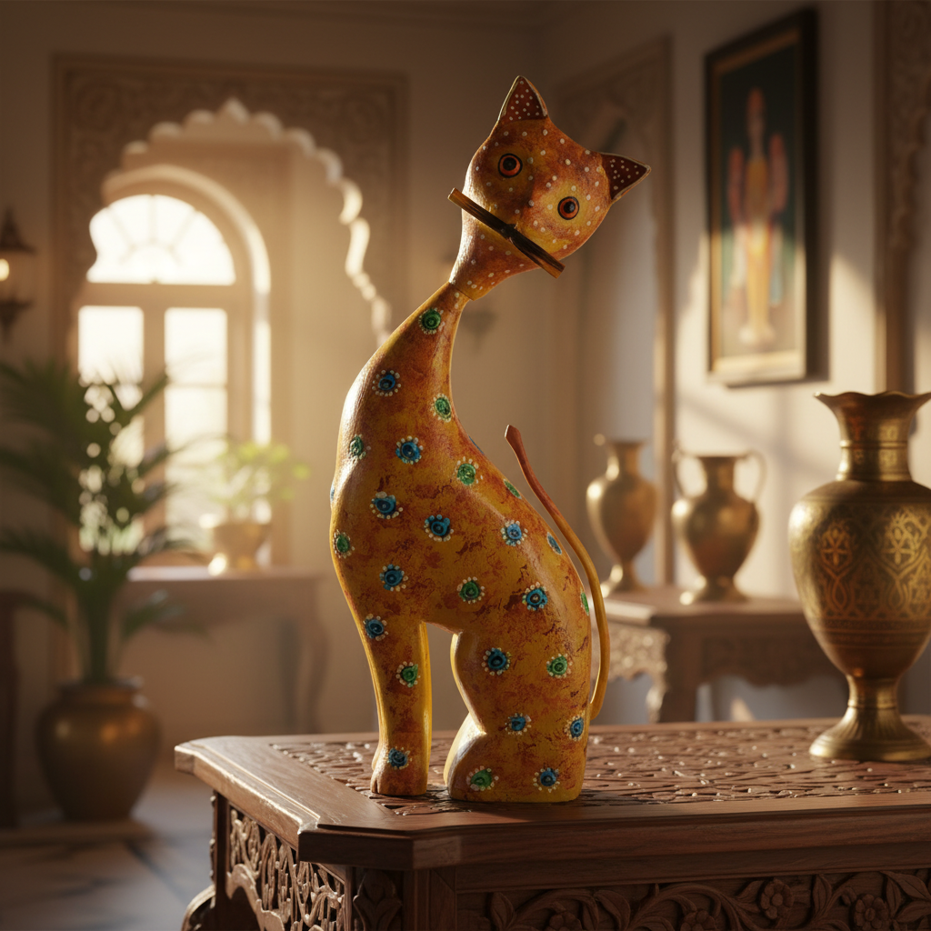 Decorative Handcrafted Wooden Cat Figurine – Hand Painted Finish