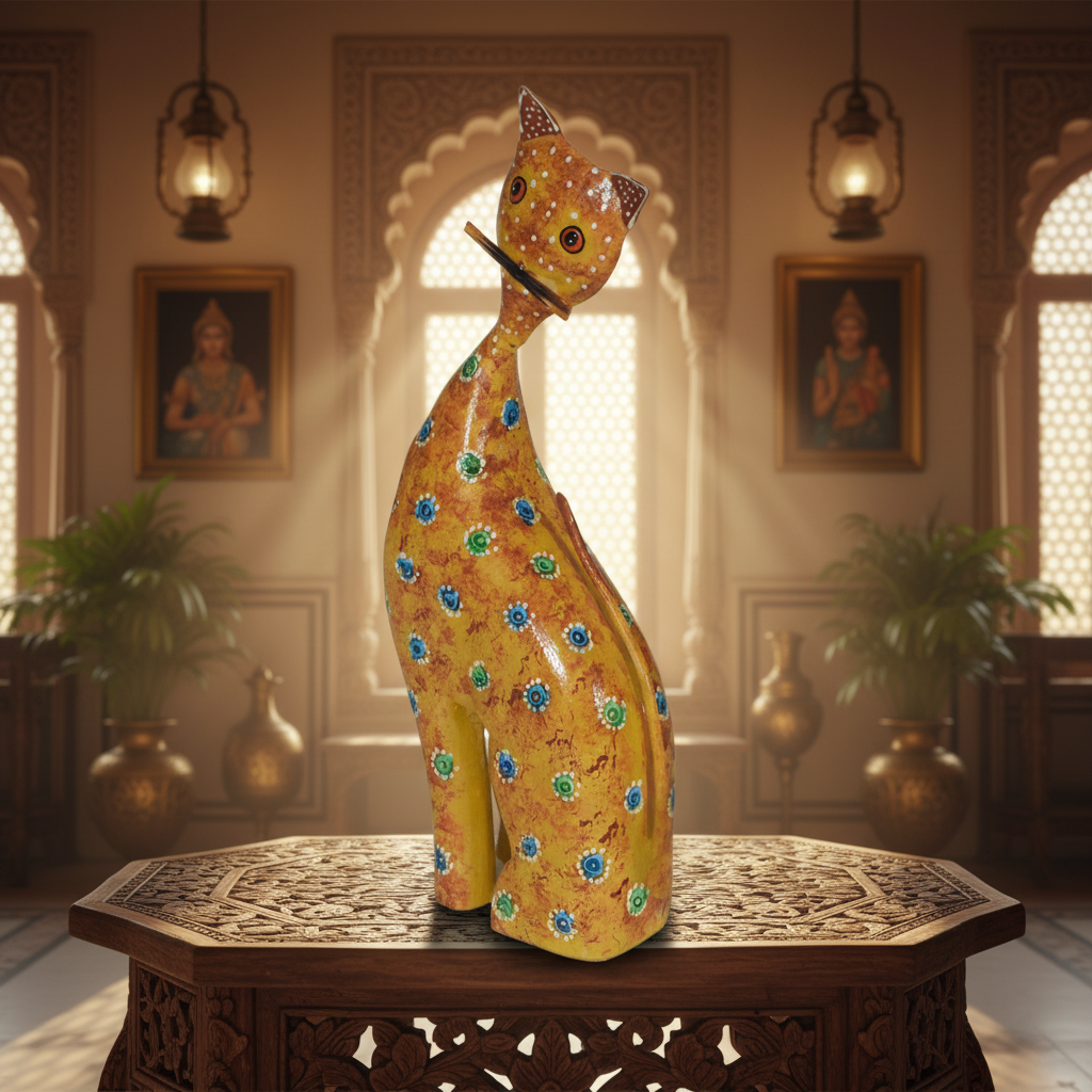 Decorative Handcrafted Wooden Cat Figurine – Hand Painted Finish