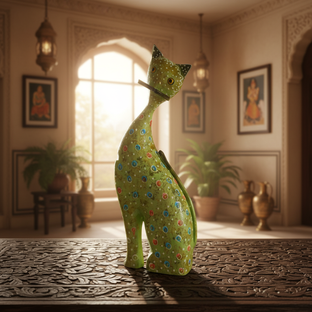 Decorative Handcrafted Wooden Cat Figurine – Hand Painted Finish