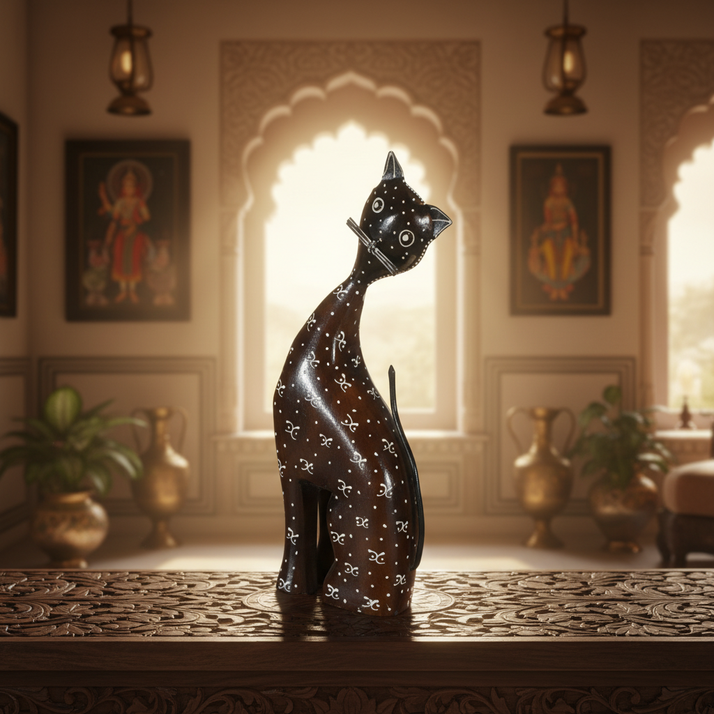 Decorative Handcrafted Wooden Cat Figurine – Brown Natural  Hand Painted Finish