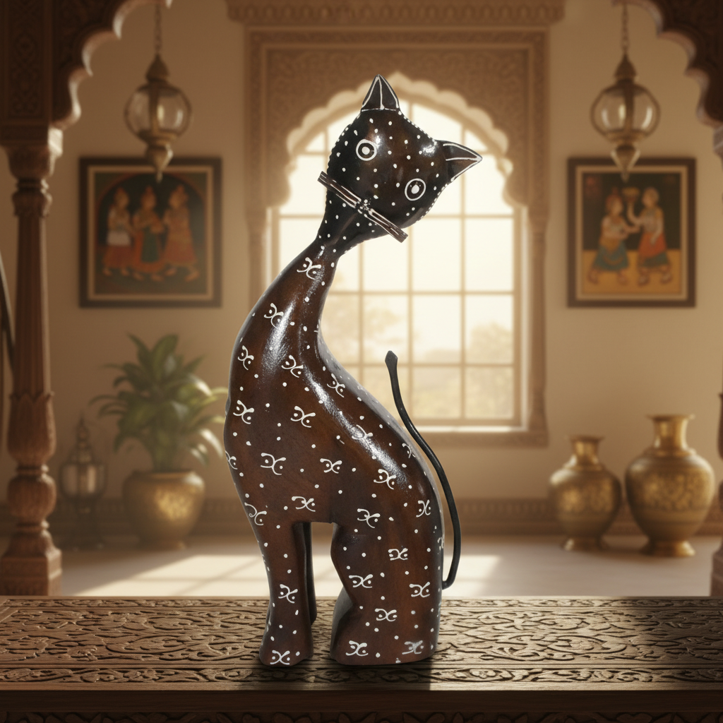Decorative Handcrafted Wooden Cat Figurine – Brown Natural  Hand Painted Finish