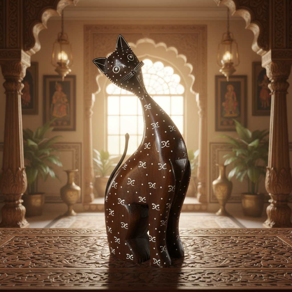 Decorative Handcrafted Wooden Cat Figurine – Brown Natural  Hand Painted Finish