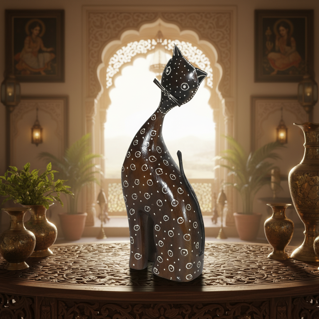 Decorative Handcrafted Wooden Cat Figurine – Brown Natural  Hand Painted Finish